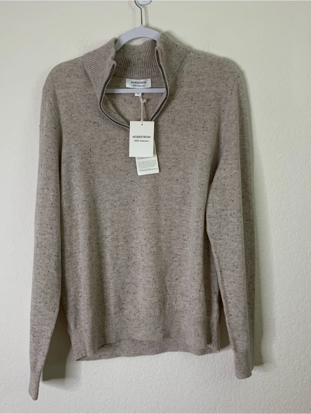 Nordstrom Mens 100% cashmere oatmeal donegal 1/4 zip up sweater L NWT